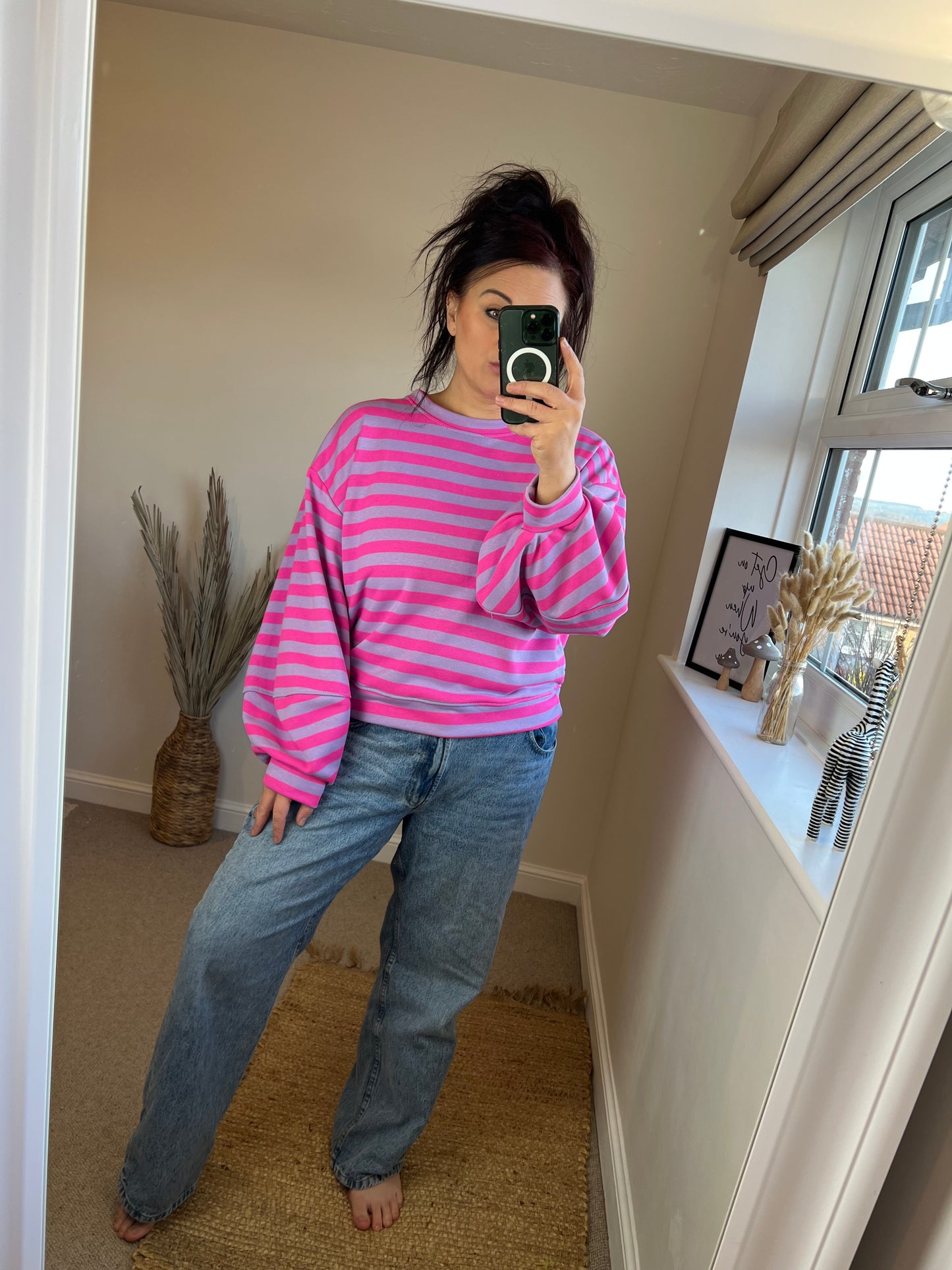 Striped Balloon Sleeve Sweatshirt - Purple