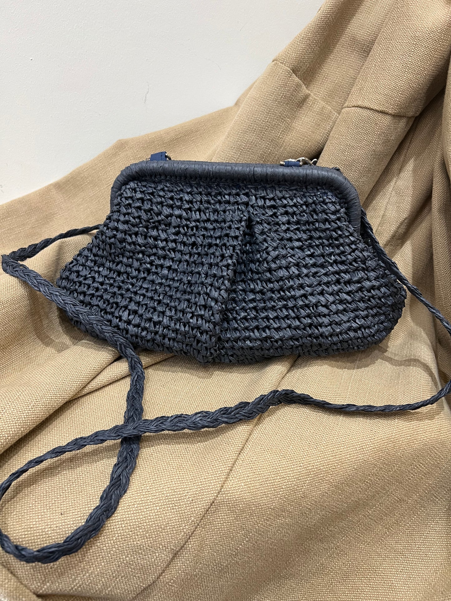 Straw Clutch Bag - Navy