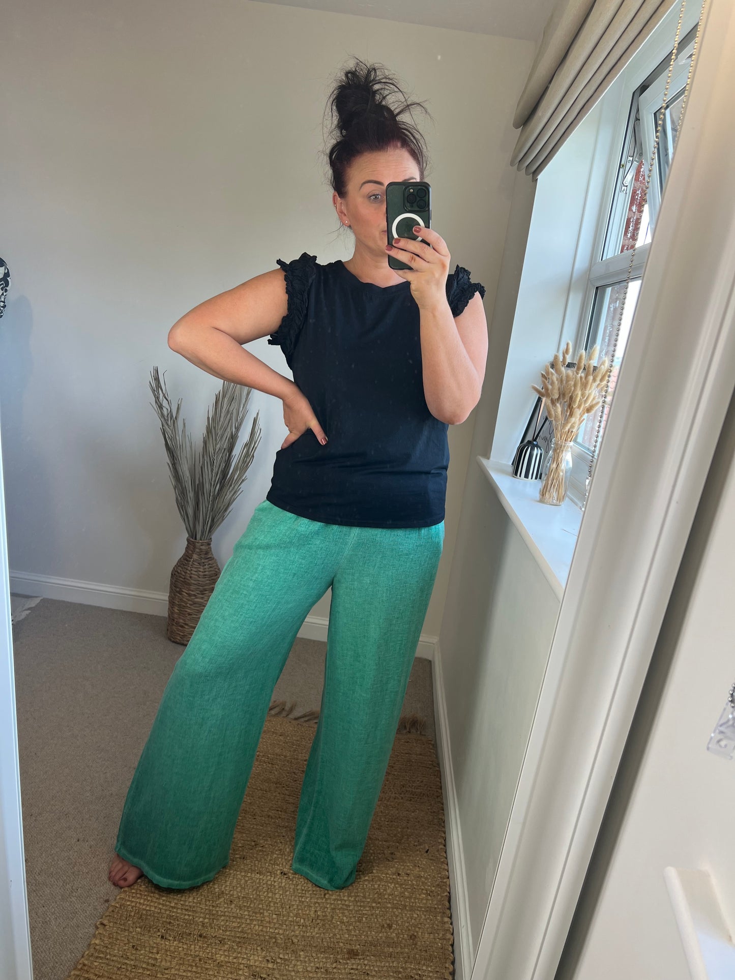 Wide Leg Linen Trousers - Aqua