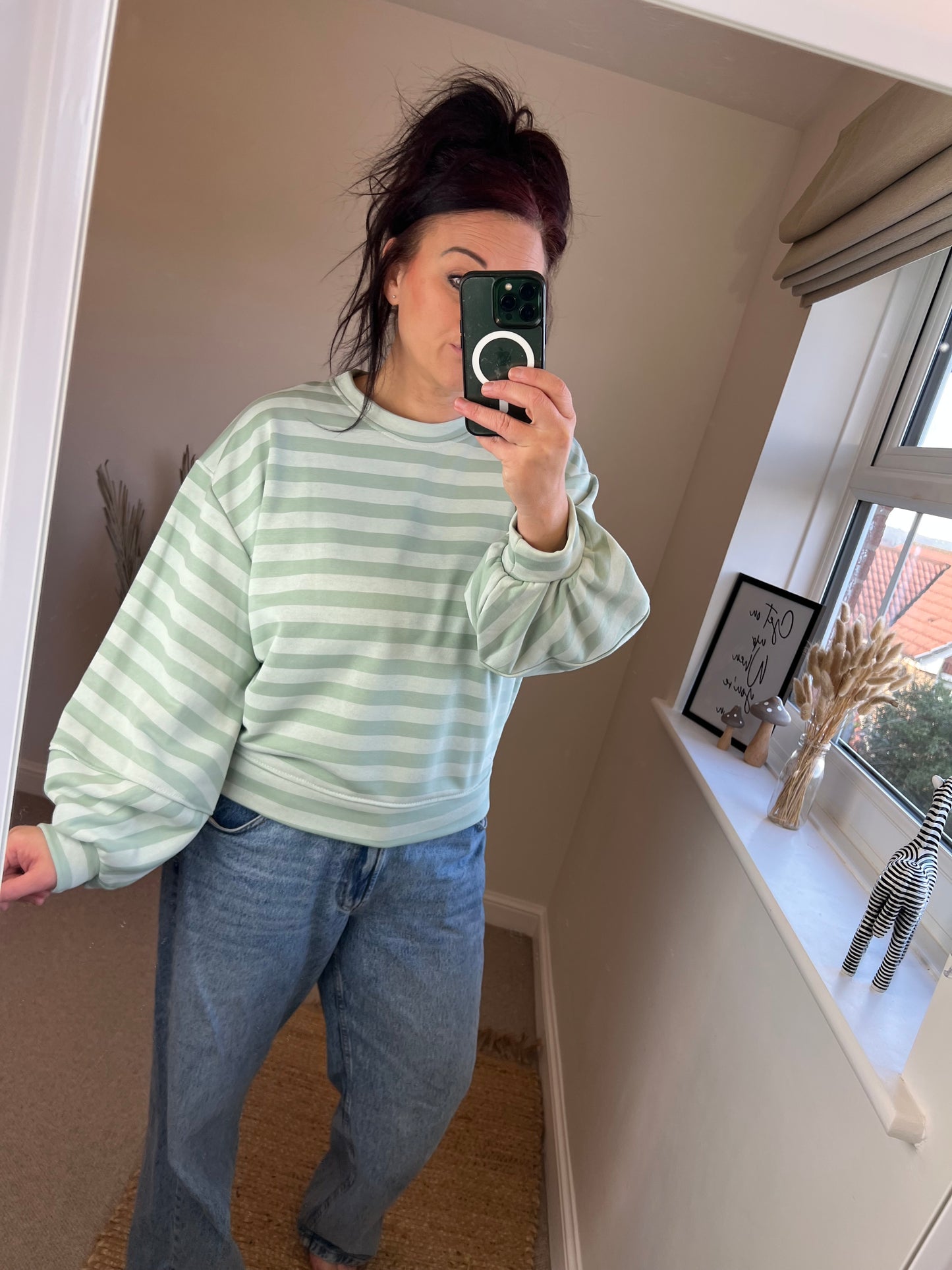 Striped Balloon Sleeve Sweatshirt - Sage