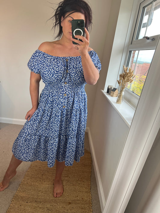Magic Short Shirred Button Dress - Cobalt (Plus Size)