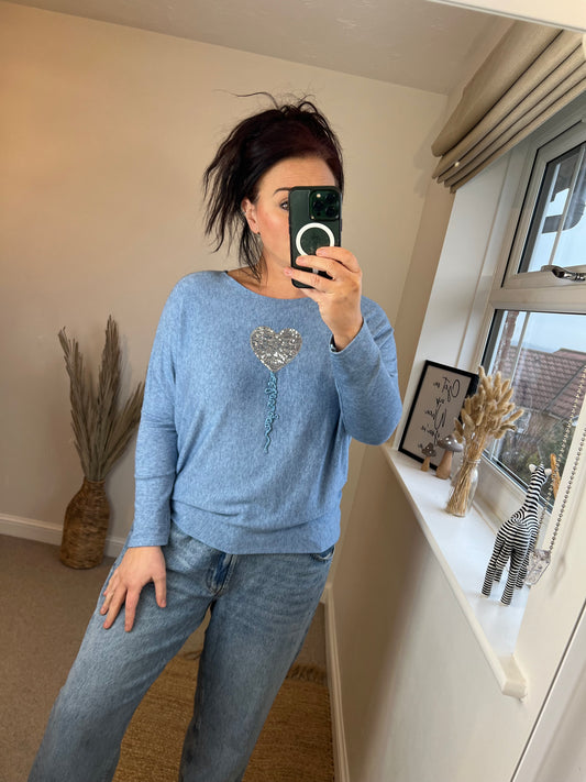 Fine Knit Sequin Heart Jumper - Denim Blue