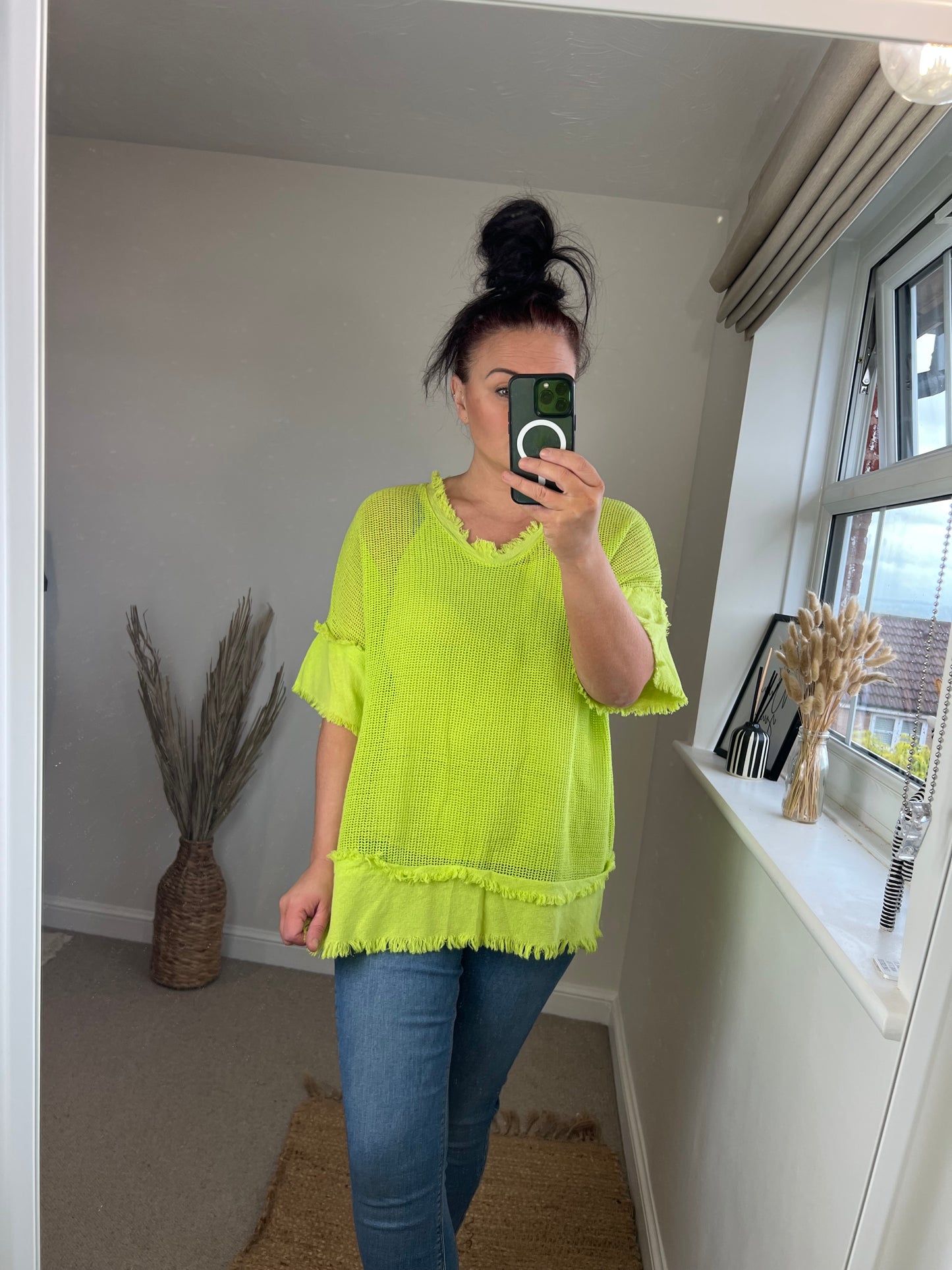 Raw Edge Mesh Top - Lime