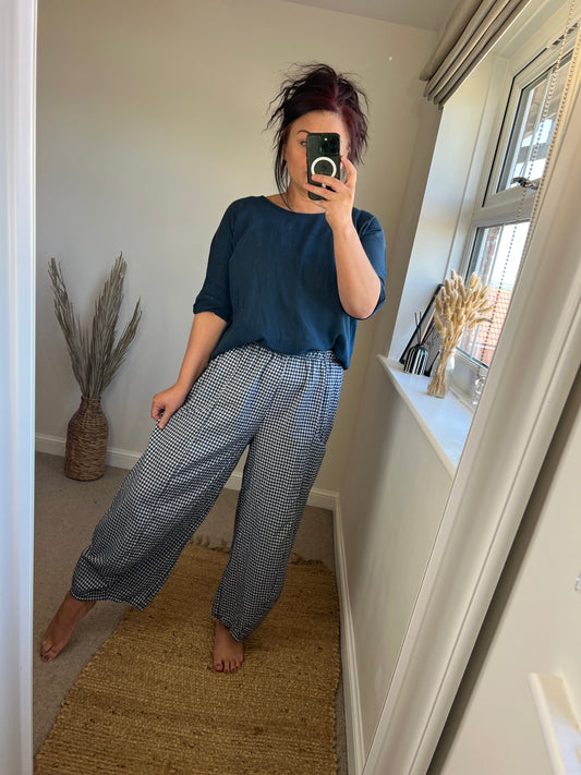 Gingham Barrel Leg Trousers - Navy