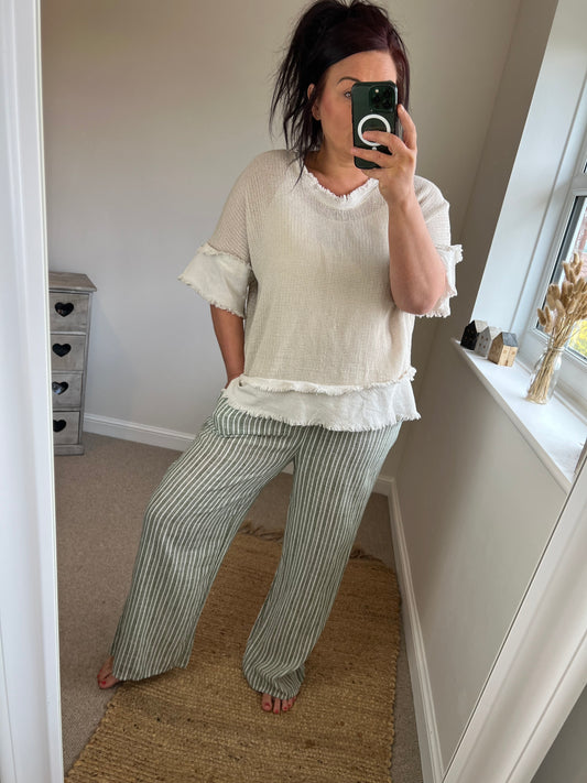 Cotton Stripe Trousers - Khaki