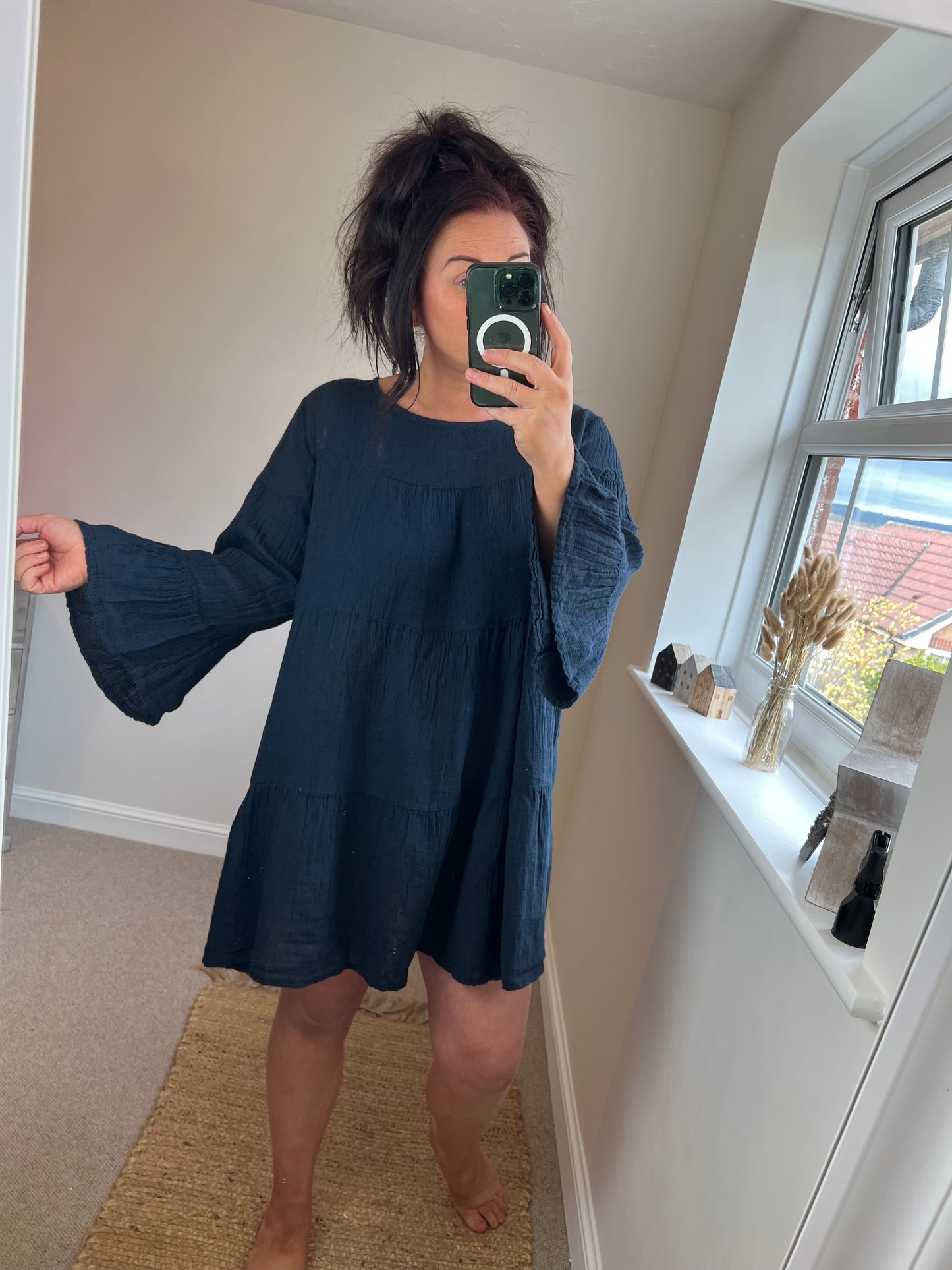 Crinkle Cotton Tunic Dress - Navy