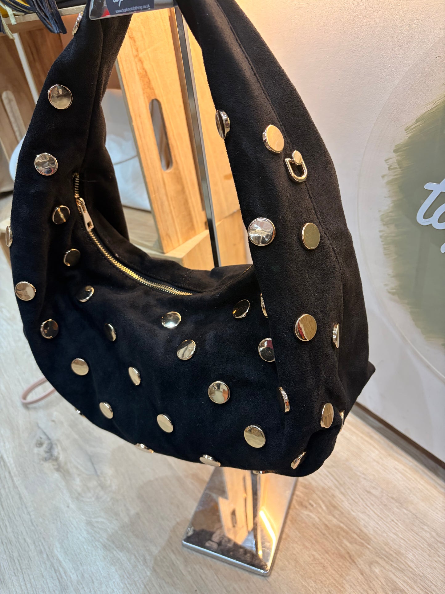 Faux Suede Gold Studded Bag - Black