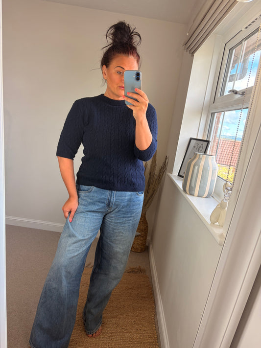 Cable Knit Short Sleeve Jumper - Navy