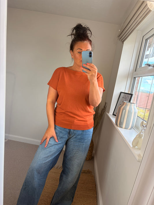 Fine Knit Slash Neck Top - Rust