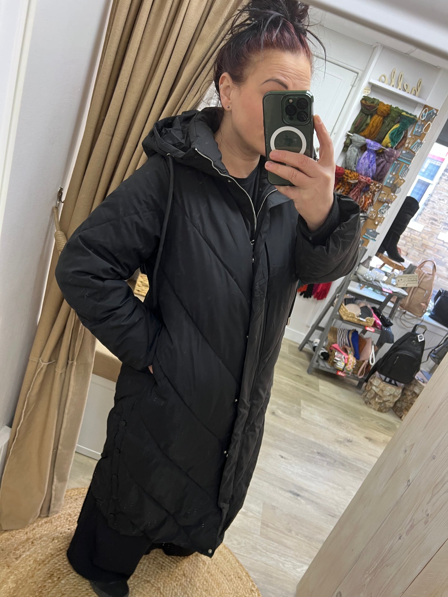 Quilted Long Puffer Coat with Hood - Black