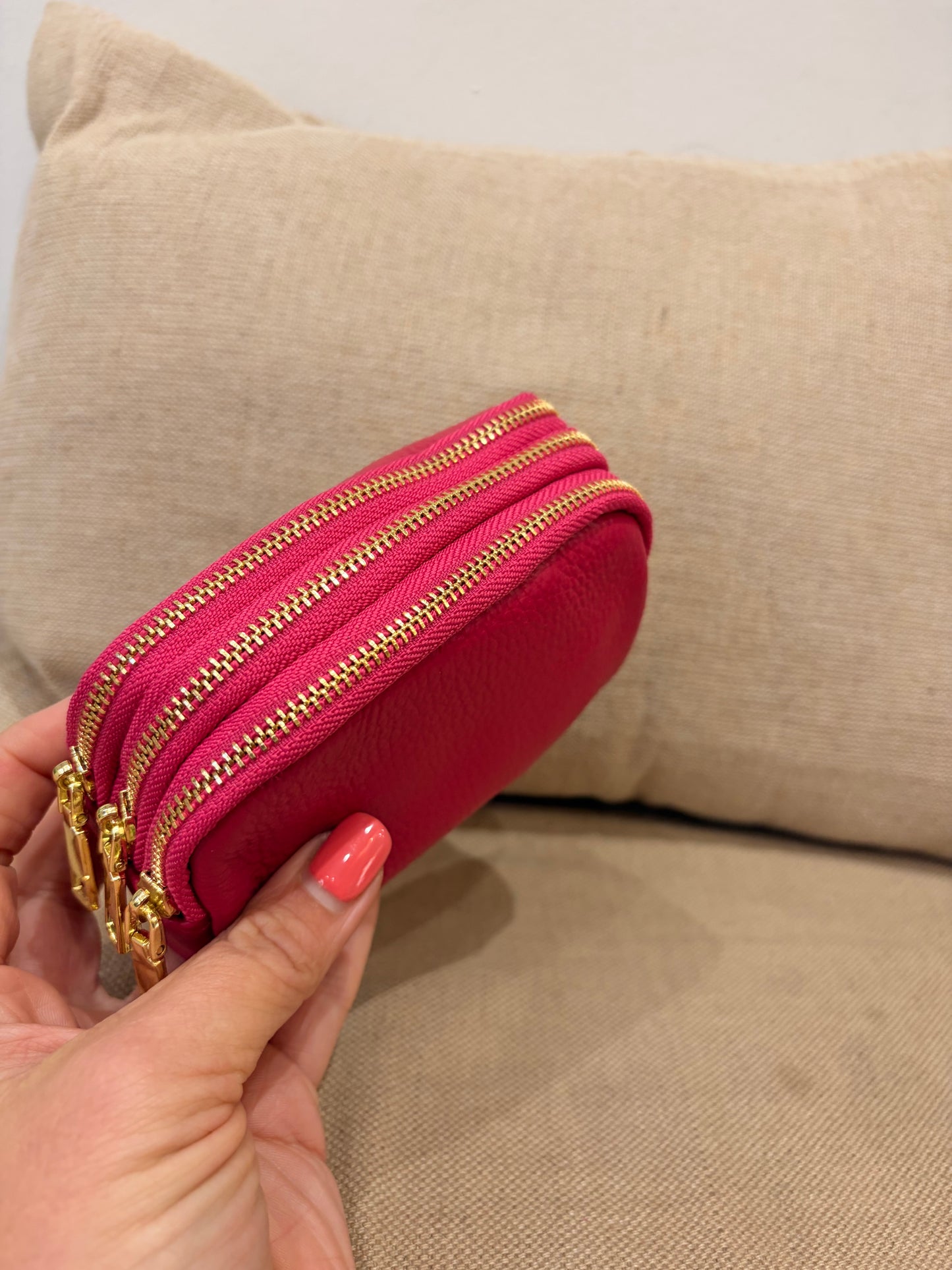 Leather Triple Compartment Purse - Cerise