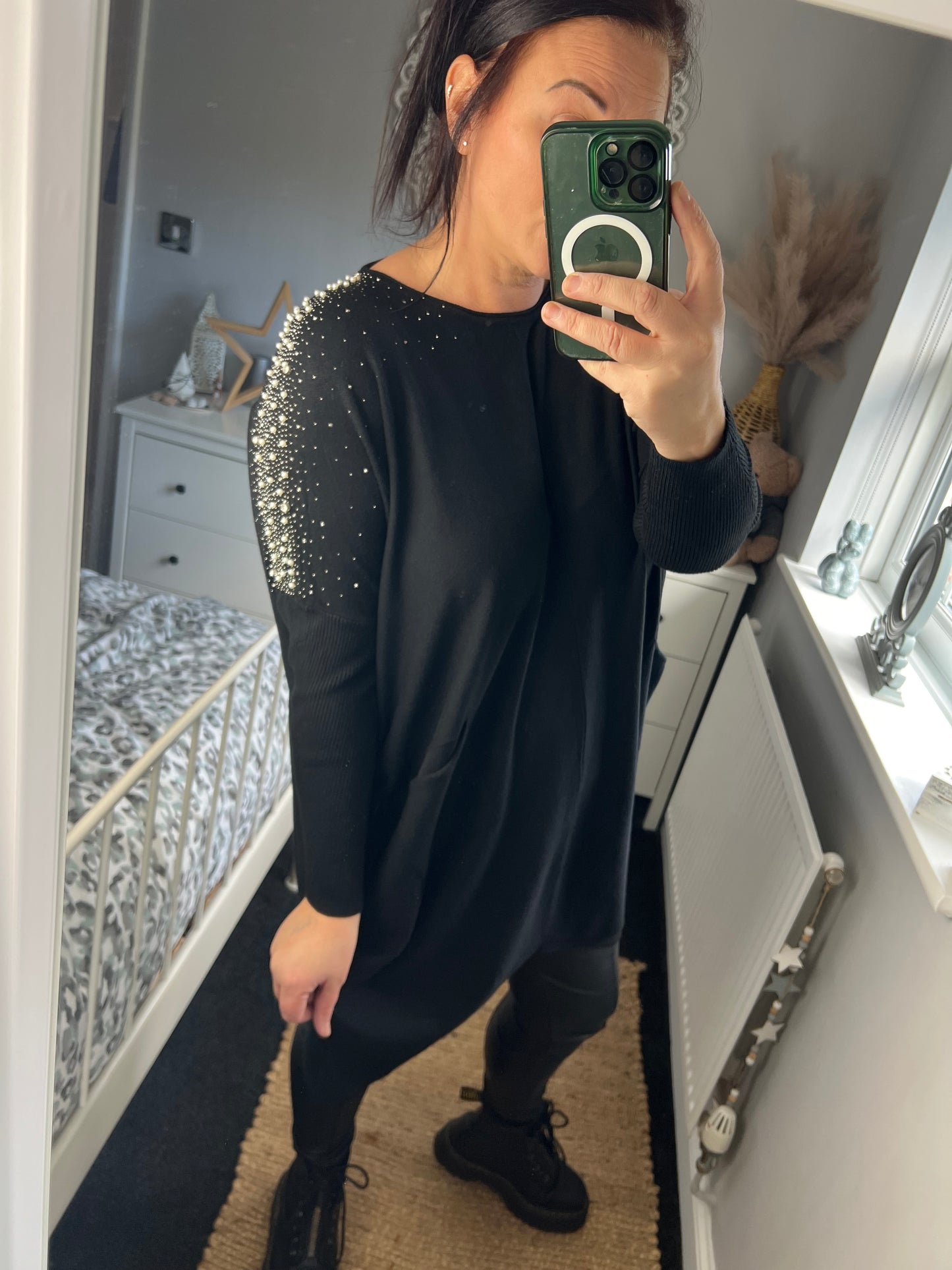 Pearl & Diamanté Embellished Jumper - Black