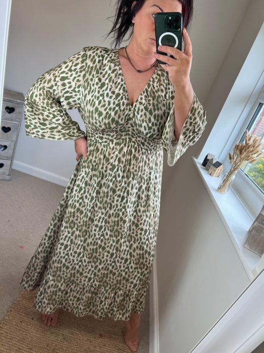 Shirred Waist Midi Dress - Leopard Khaki