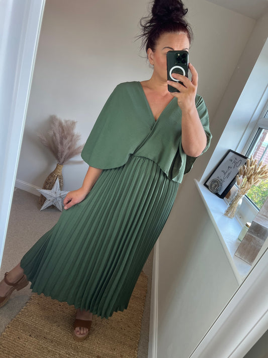 Pleated Cape Dress - Khaki
