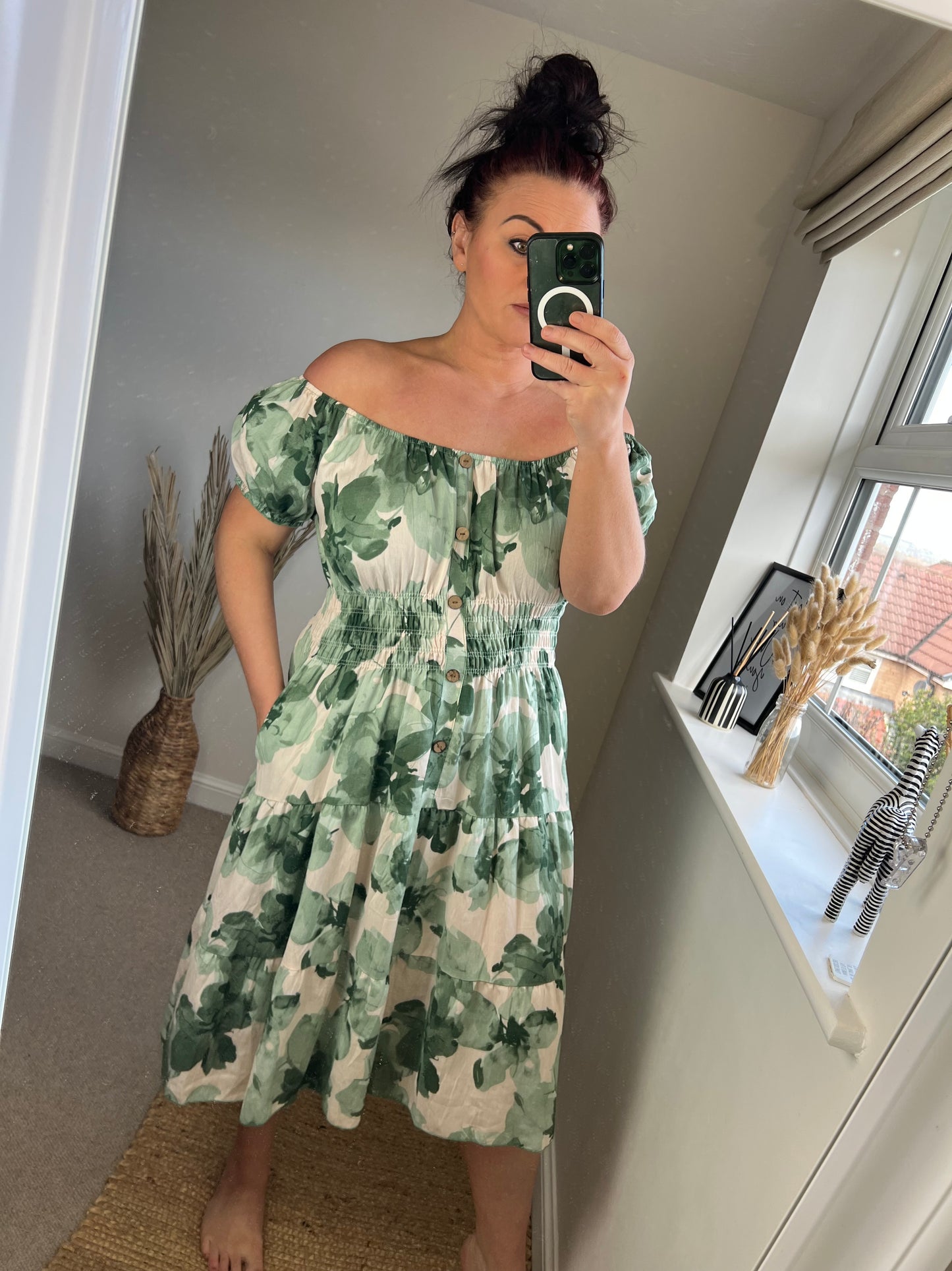 STEVIE Midi Button Dress - Khaki Floral