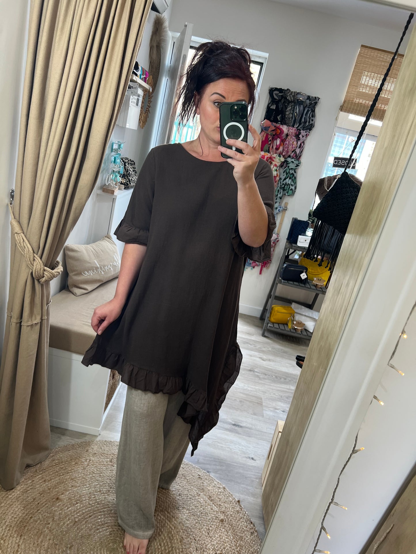 Linen Frill Tunic/Dress - Chocolate