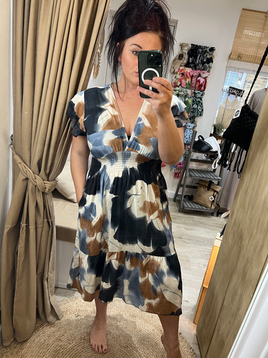 Shirred V Neck Dress - Navy