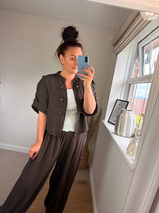 Linen Military Jacket - Chocolate