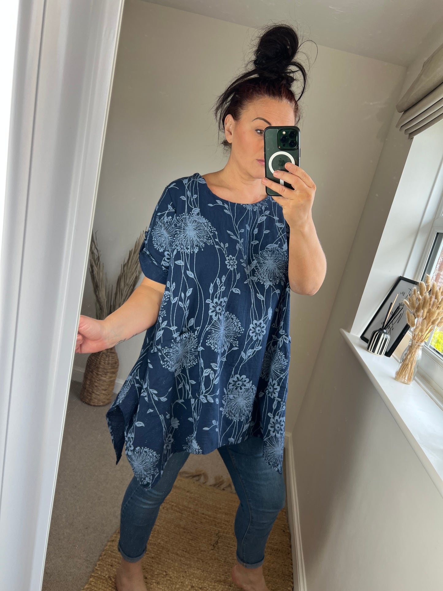 Longline Cotton Floral Top - Navy