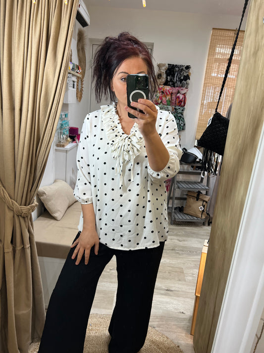 Spotty Ruffle V Neck Top - White