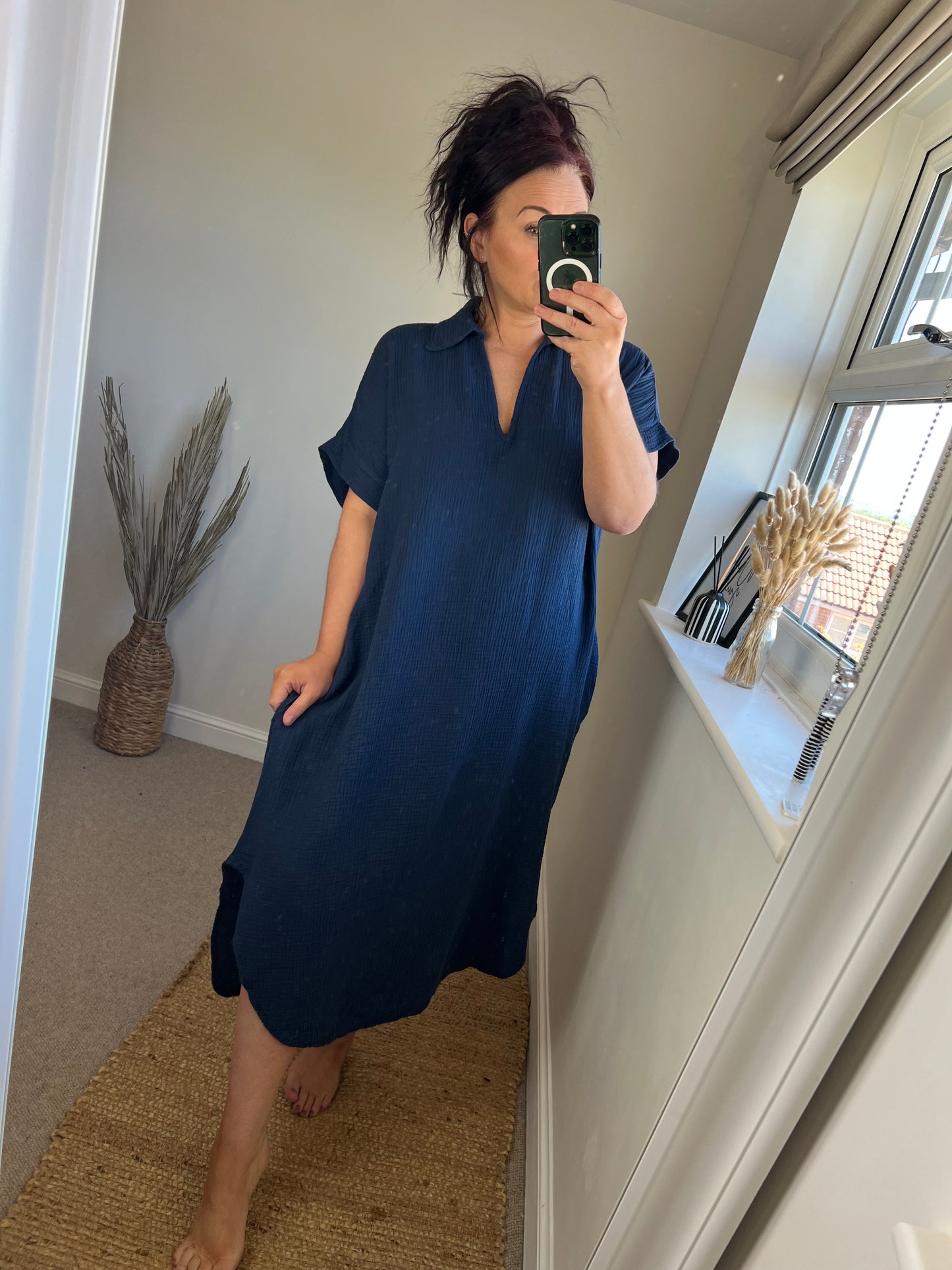 Crinkle Cotton Tunic Dress - Navy
