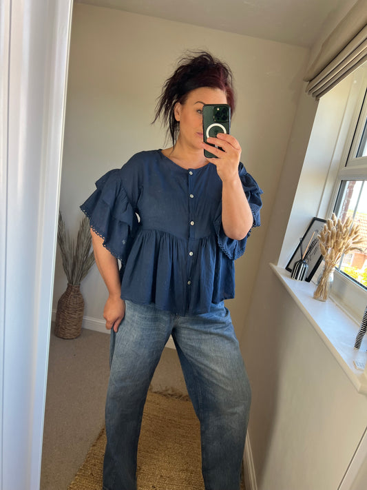 Ruffle Sleeve Smock Shirt - Navy