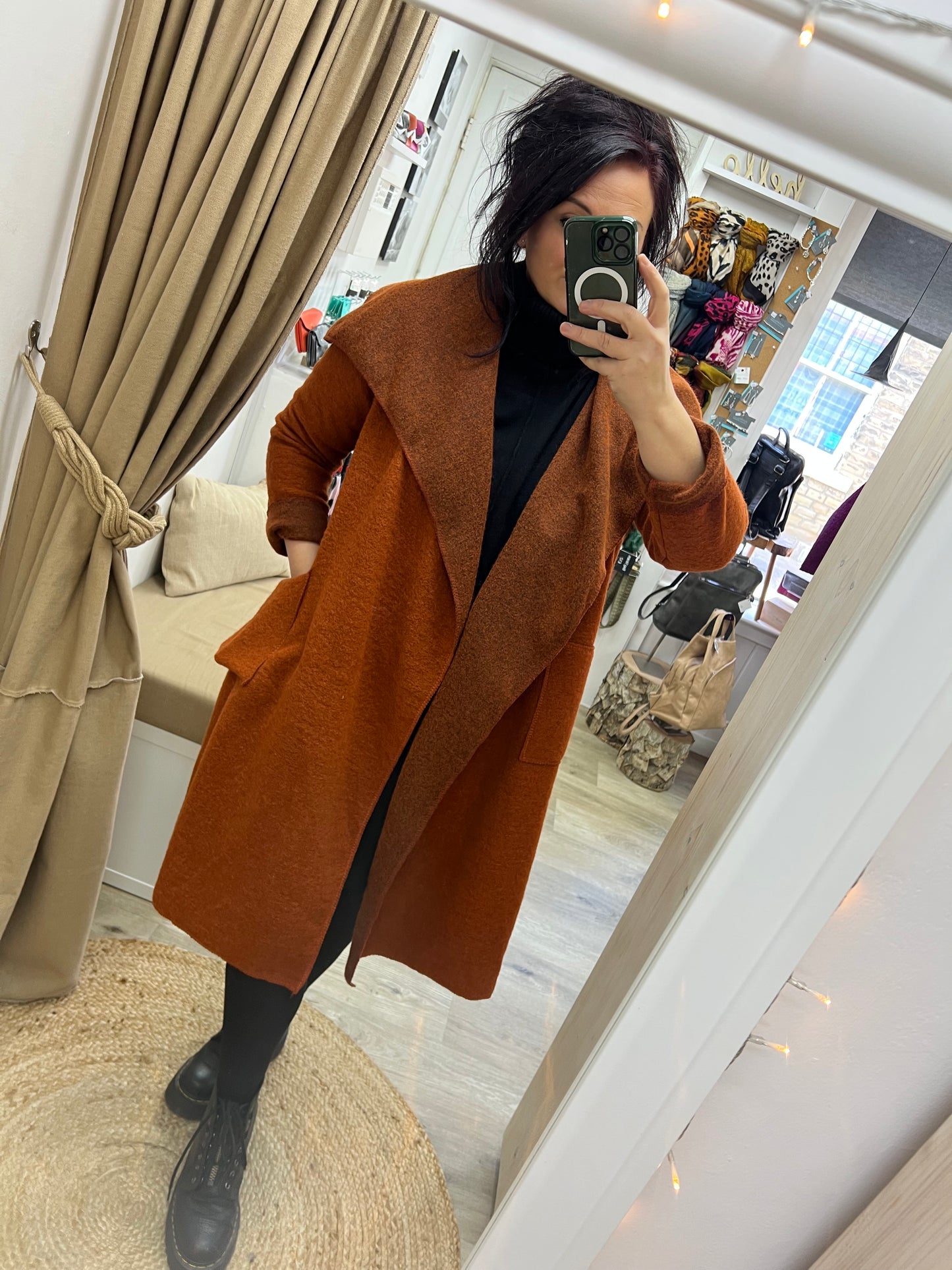 Boiled Wool Open Waterfall Coat - Rust