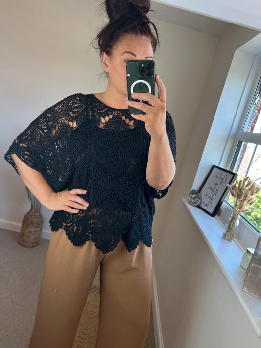 Crochet Top with Vest Top - Black