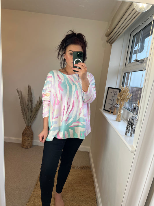 Animal Print Fine Knit Jumper - Pink