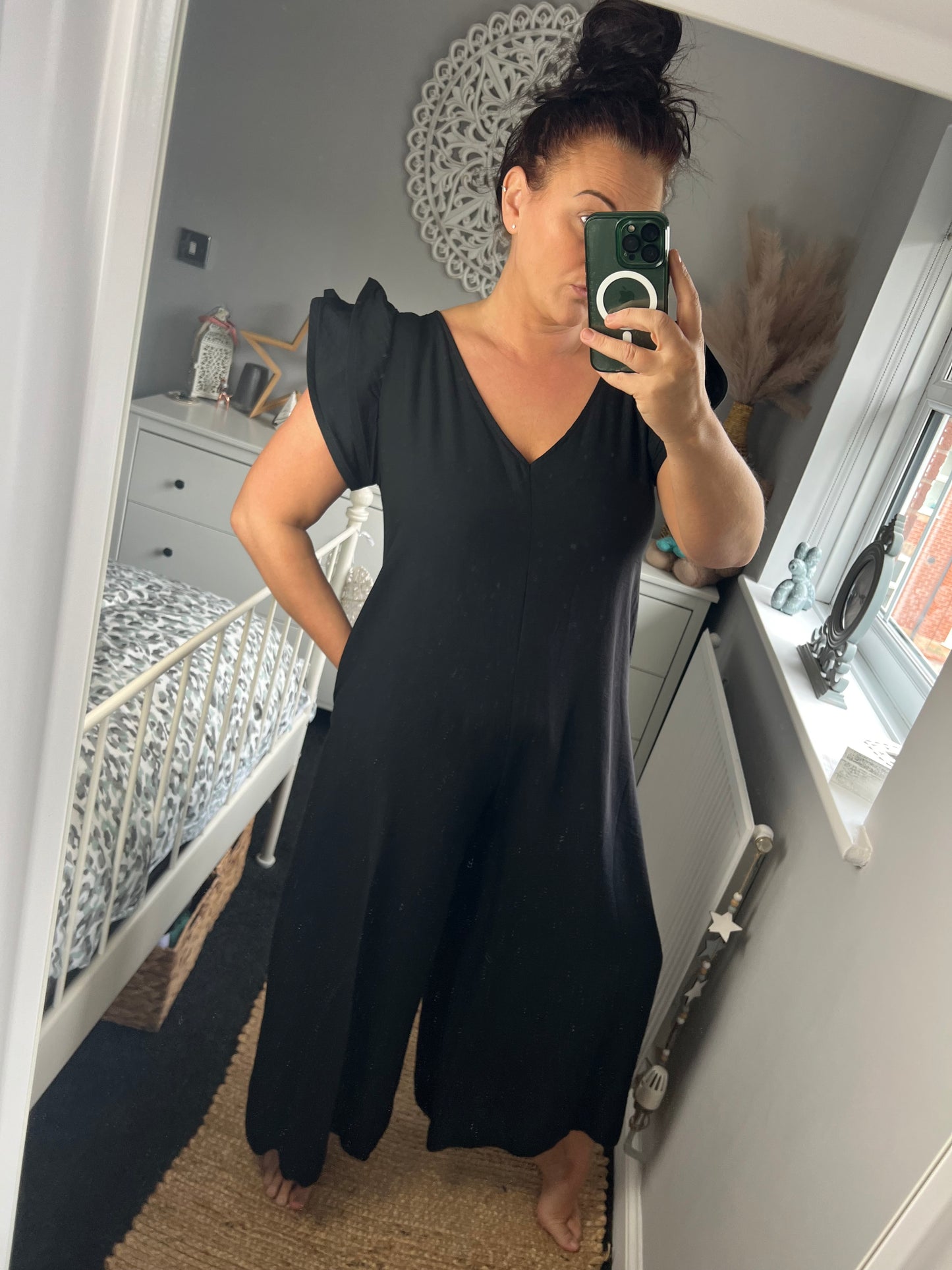 Frill Sleeve Jumpsuit with Pockets - Black