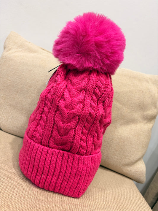 Fleece Lined Pom Pom Hat - Cerise