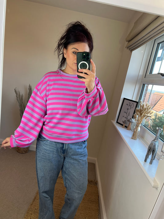 Striped Balloon Sleeve Sweatshirt - Purple