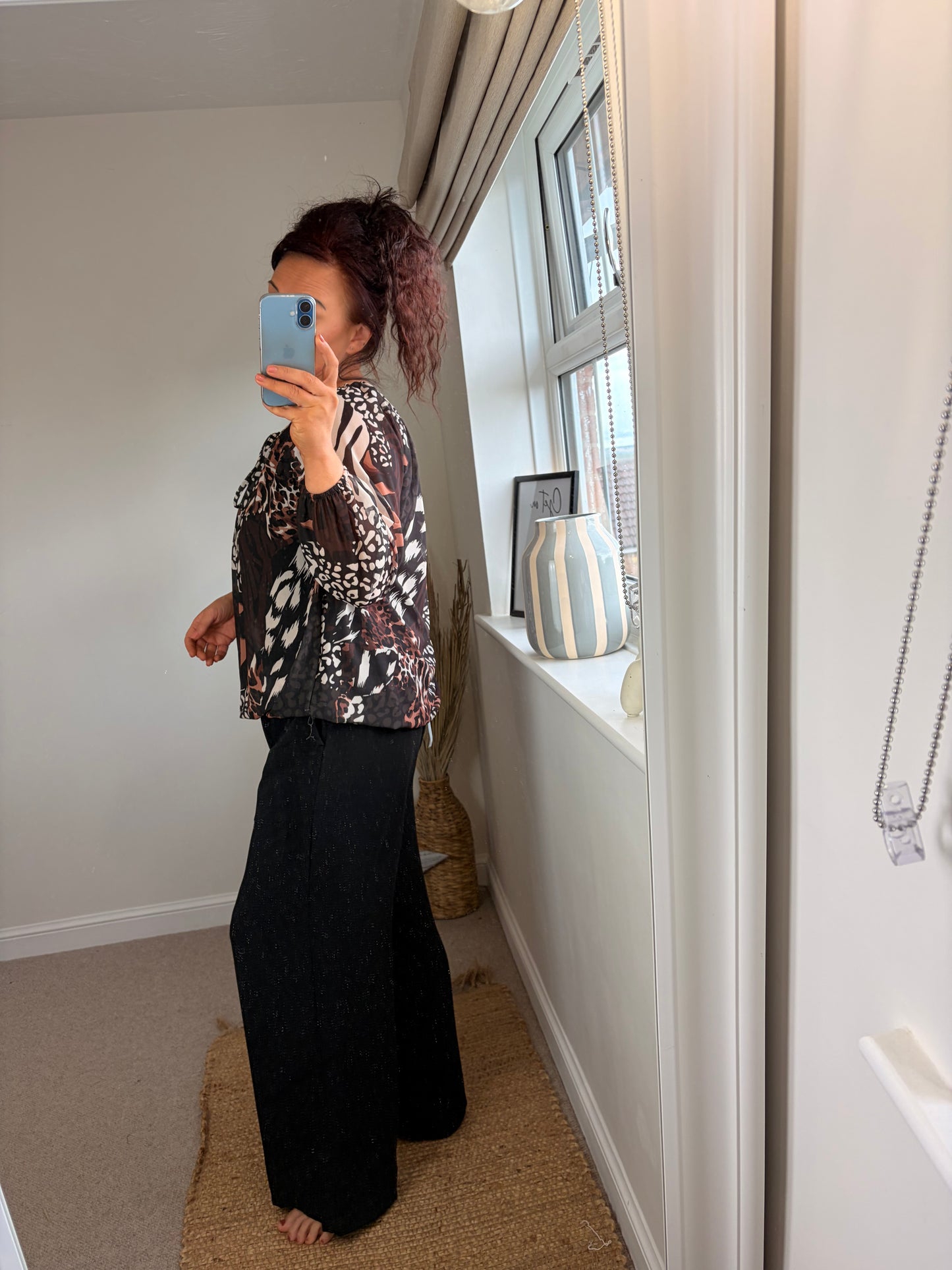 Bubble Hem Animal Print Top - Black