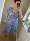 Magic Short Shirred Neck Button Dress with Pockets - Cobalt