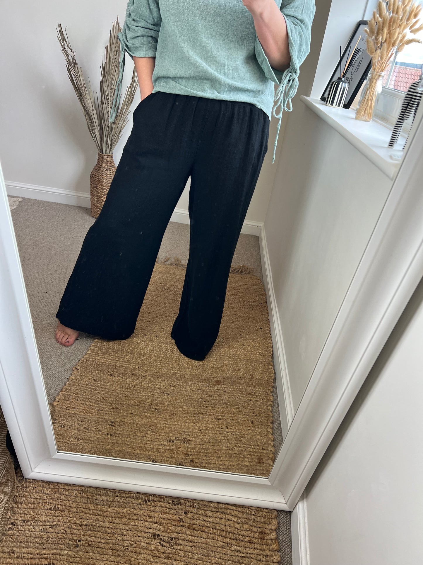 Wide Leg Linen Trousers - Black