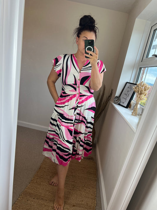 LOTTIE Midi Button Dress with Pockets - Cerise