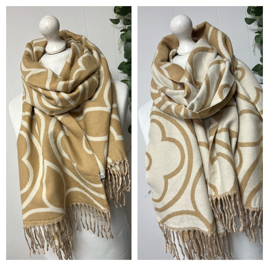 Reversible Flower Scarf - Camel/Cream