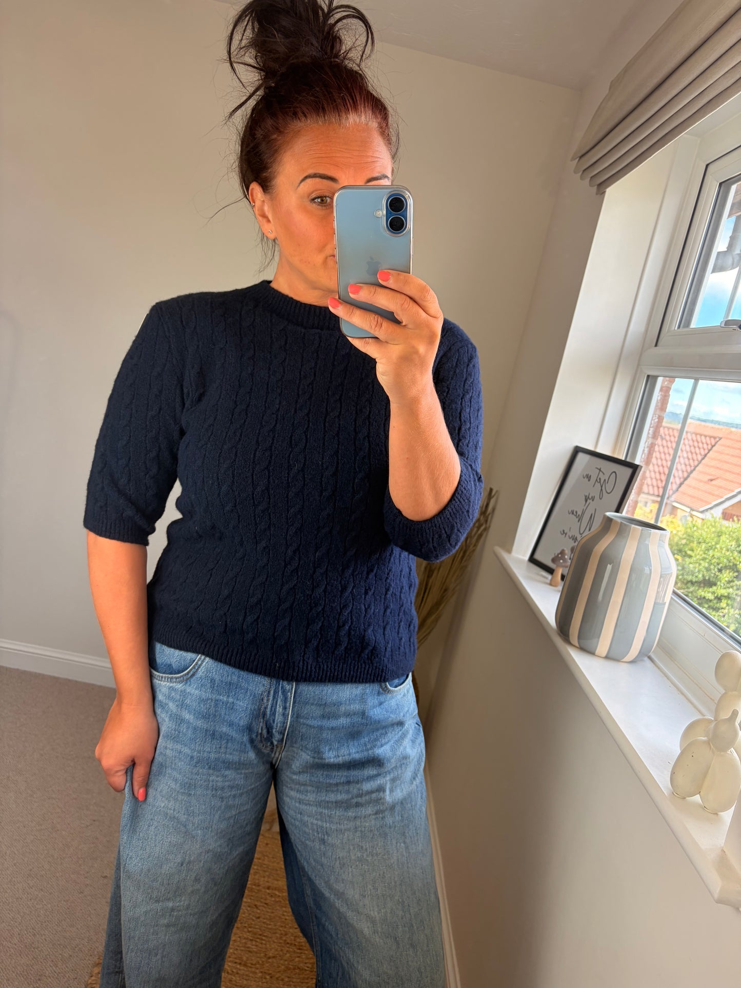 Cable Knit Short Sleeve Jumper - Navy
