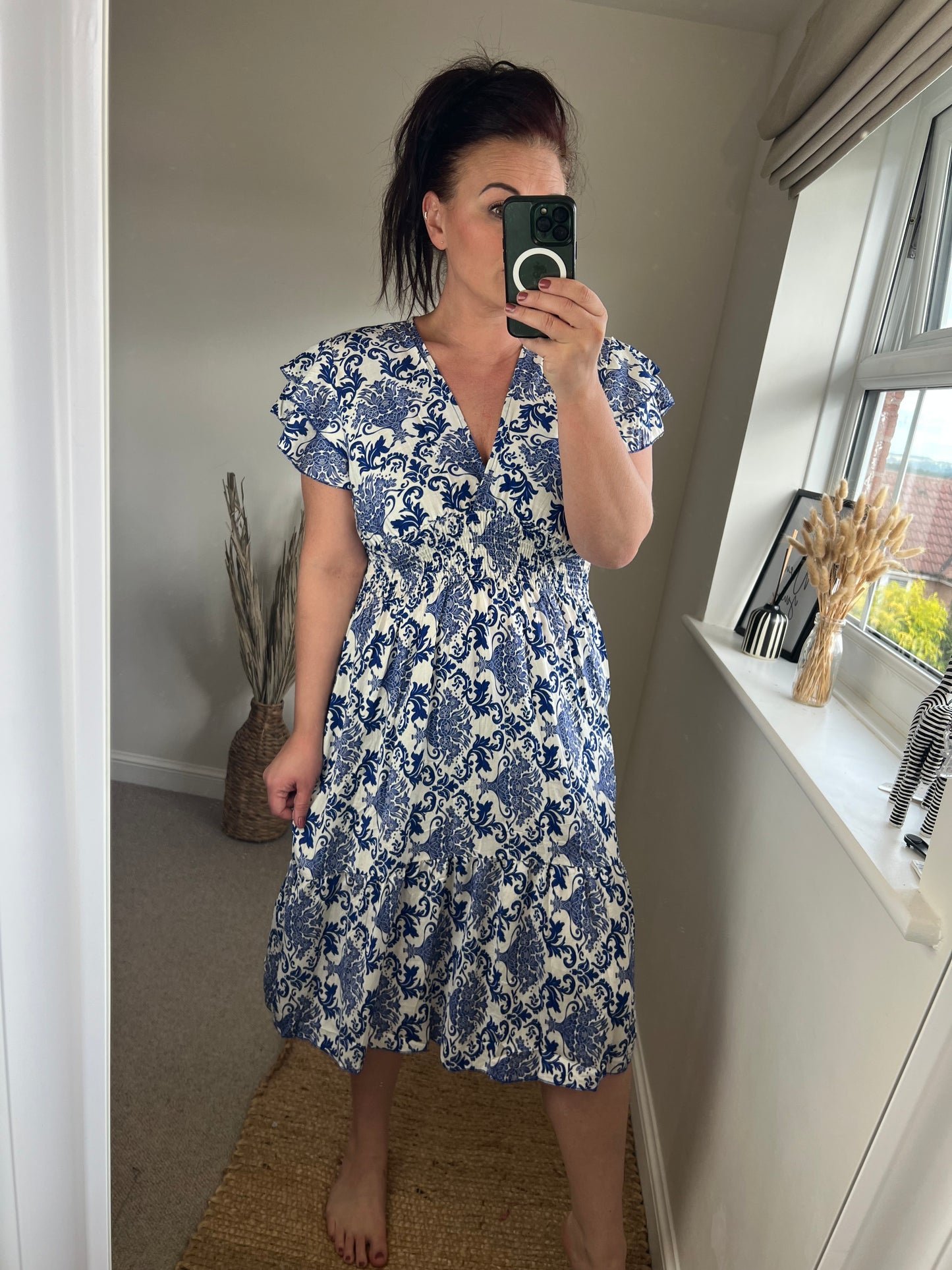 Shirred V Neck Dress - Cobalt