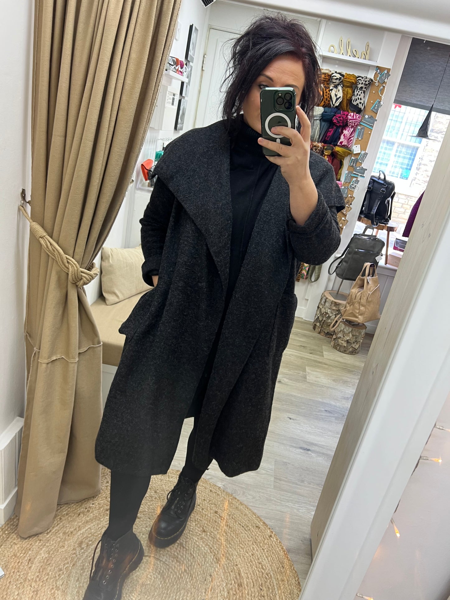 Boiled Wool Open Waterfall Coat - Black Grey