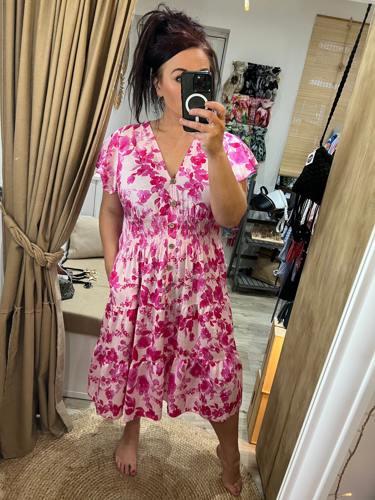 LOTTIE Midi Button Dress with Pockets - Cerise