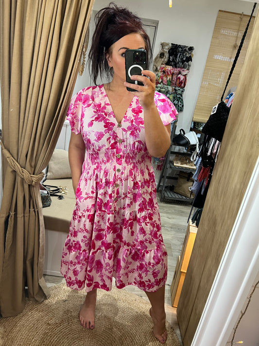 LOTTIE Midi Button Dress with Pockets - Cerise