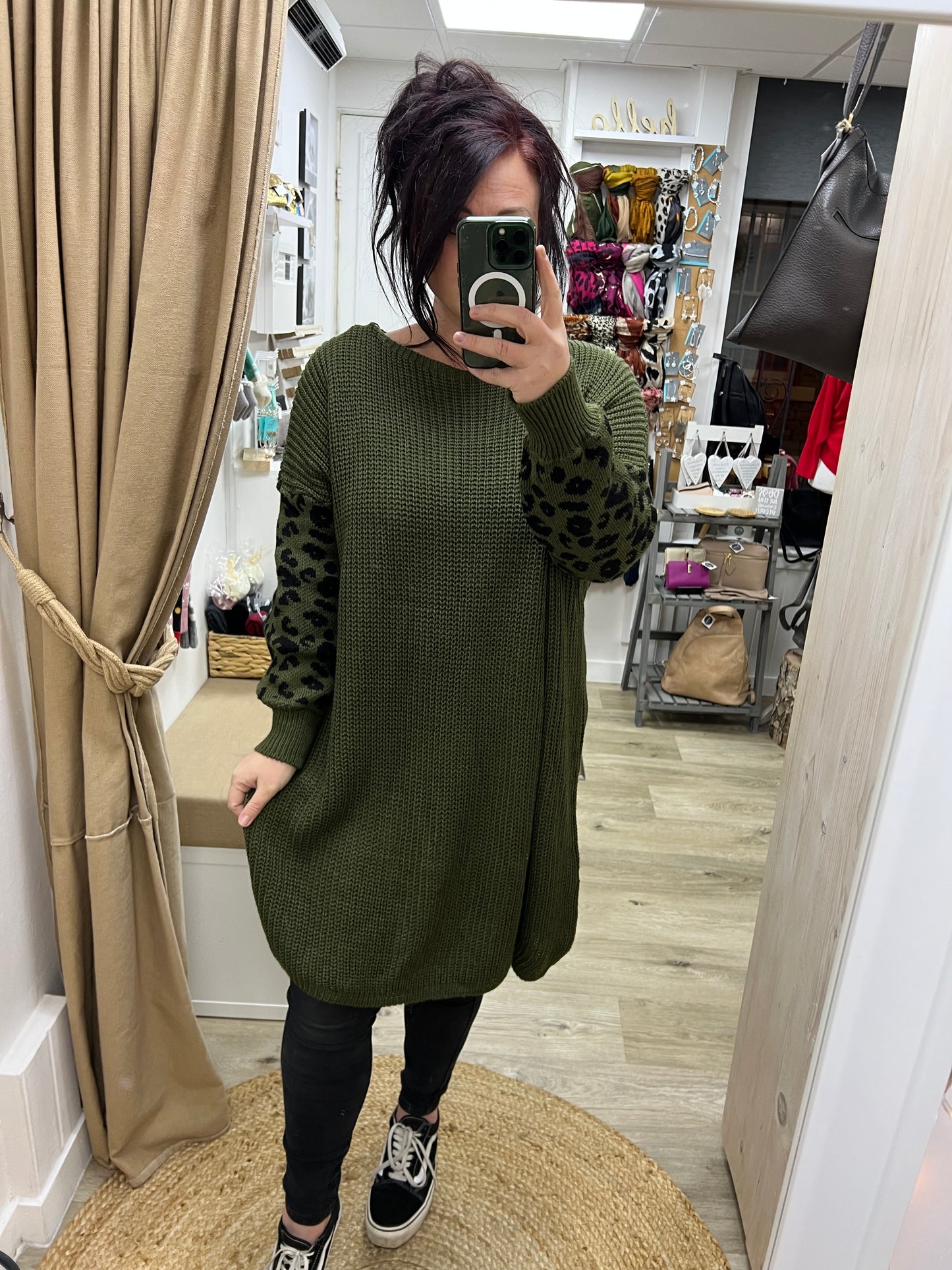 Chunky Knit Leopard Tunic Jumper - Khaki