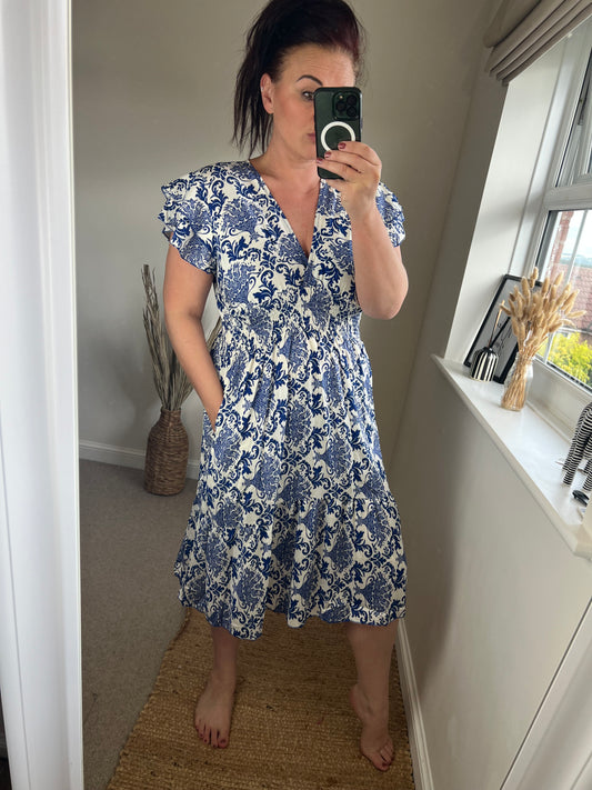 Shirred V Neck Dress - Cobalt