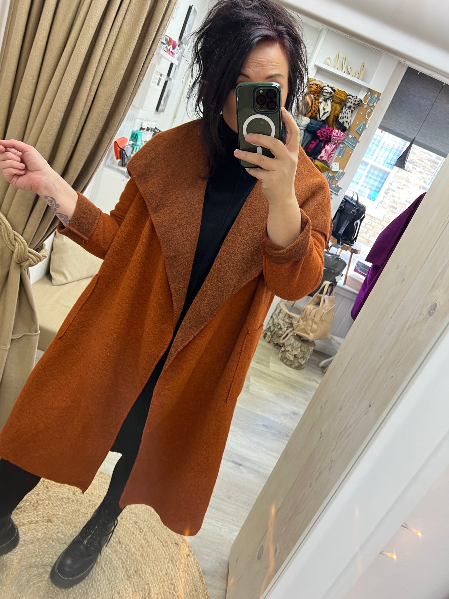 Boiled Wool Open Waterfall Coat - Rust