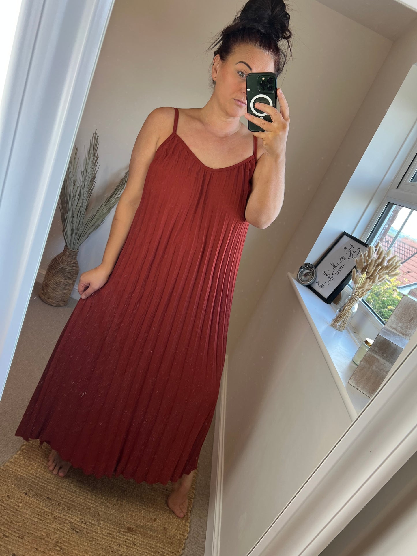 Plisse Strappy Maxi Dress - Rust
