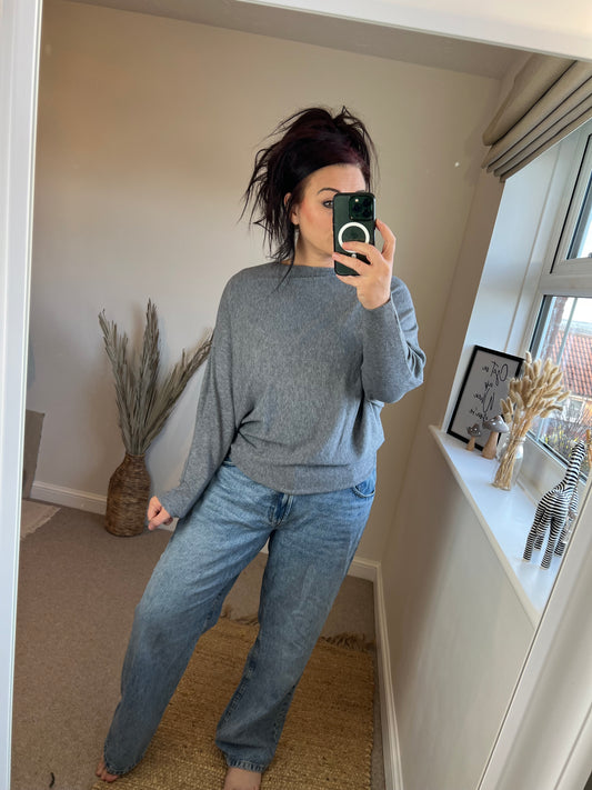 Fine Knit Batwing Jumper - Grey
