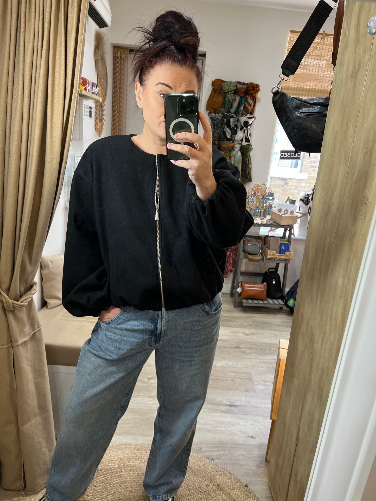 Collarless Bomber Jacket - Black