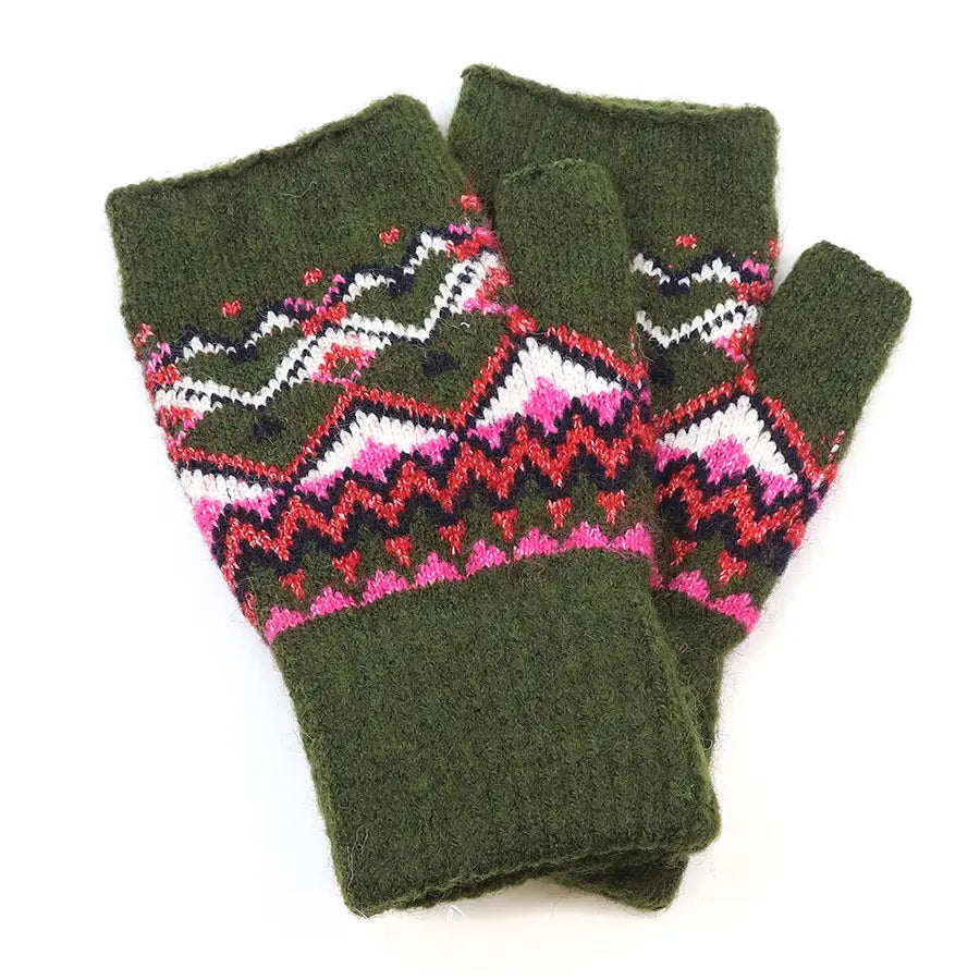 Fair Isle Fingerless Gloves - Khaki