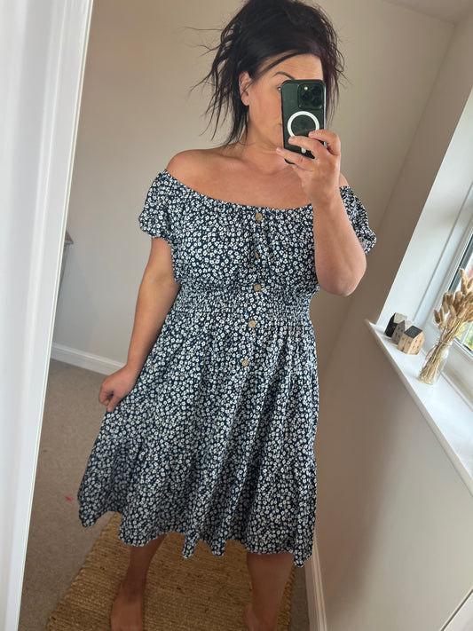 Magic Short Shirred Button Dress - Navy (Plus Size)